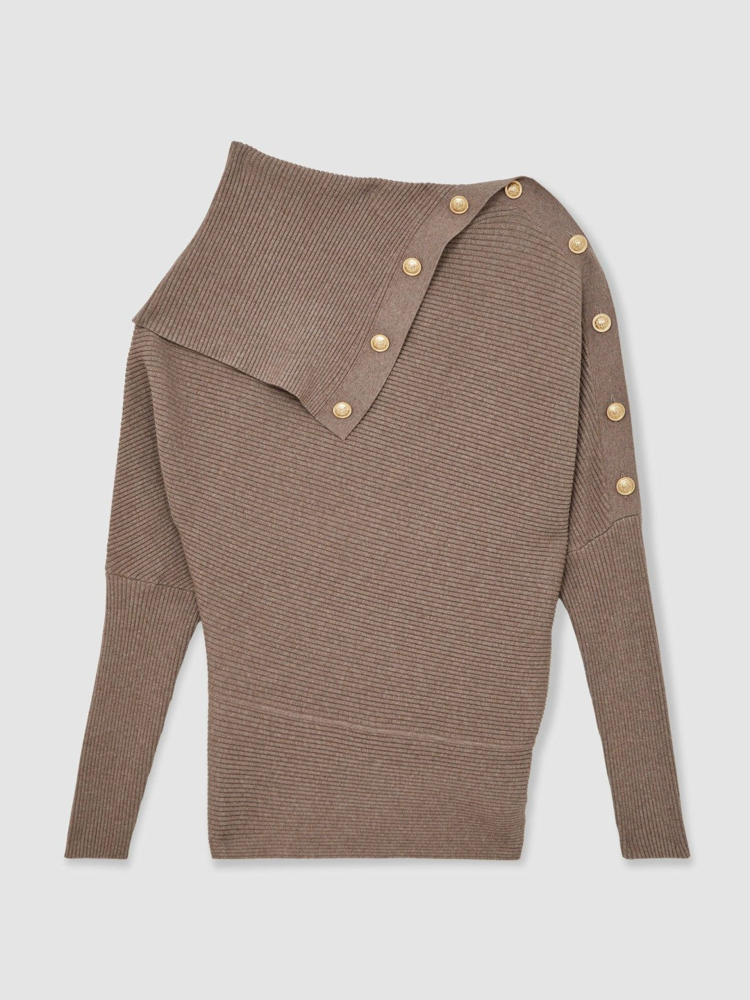 Reiss | Rib-Knit Button Shawl Jumper in Taupe