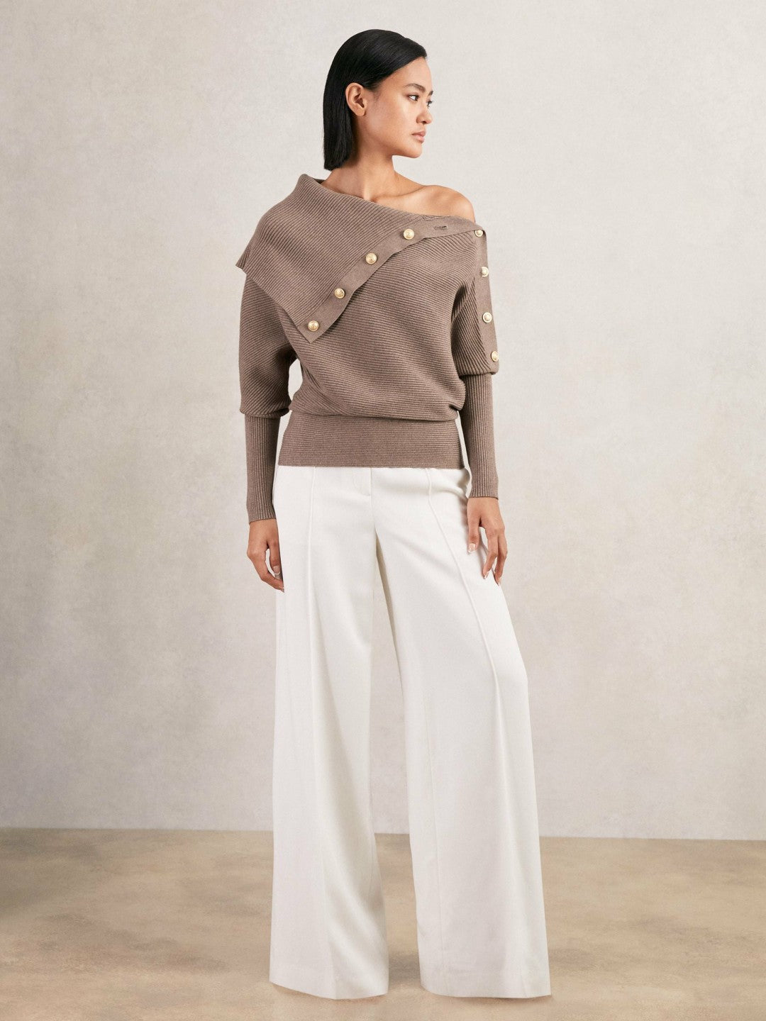Reiss | Rib-Knit Button Shawl Jumper in Taupe