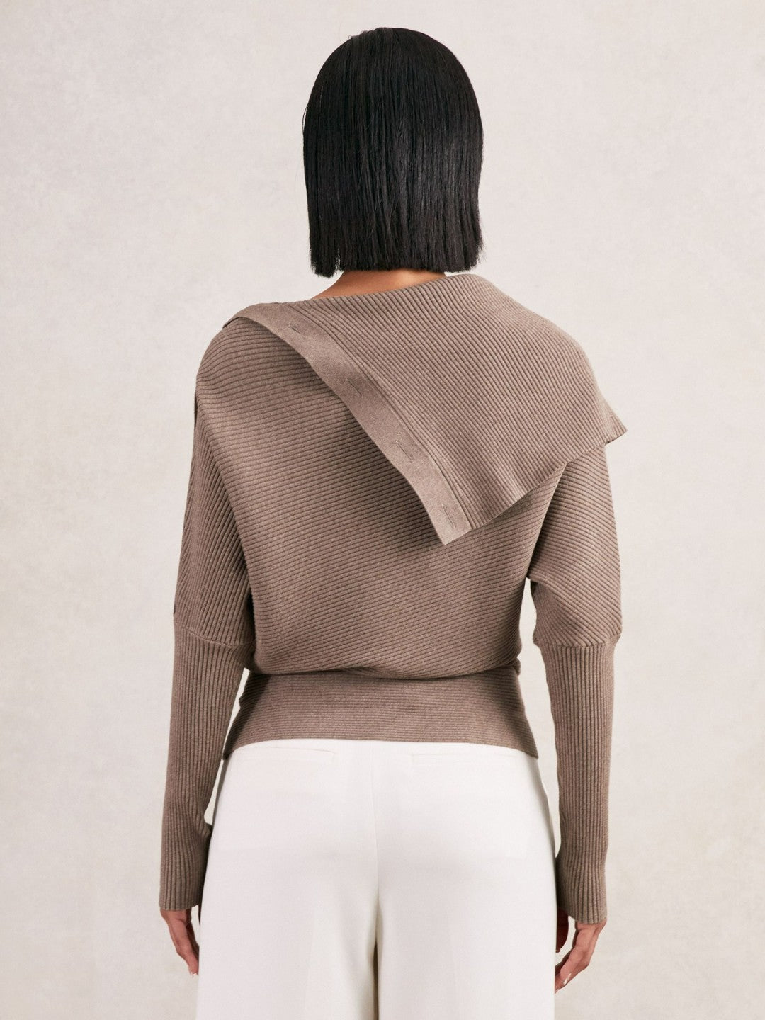 Reiss | Rib-Knit Button Shawl Jumper in Taupe