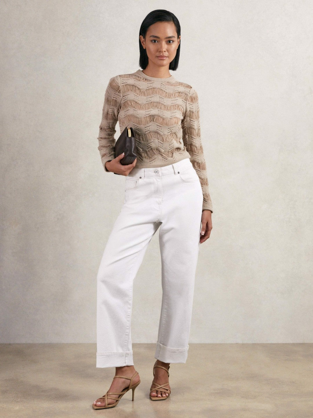 Reiss | Cotton Blend Ladder Knit Top in Taupe Neutral