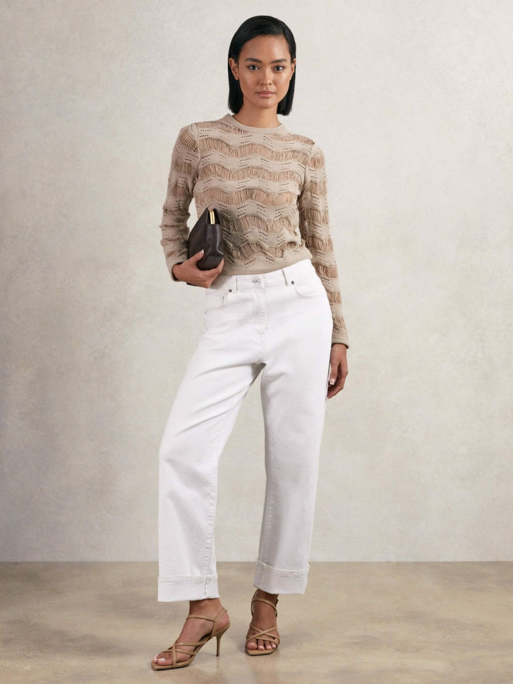 Reiss | Cotton Blend Ladder Knit Top in Taupe Neutral
