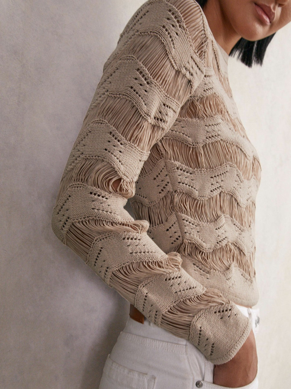 Reiss | Cotton Blend Ladder Knit Top in Taupe Neutral
