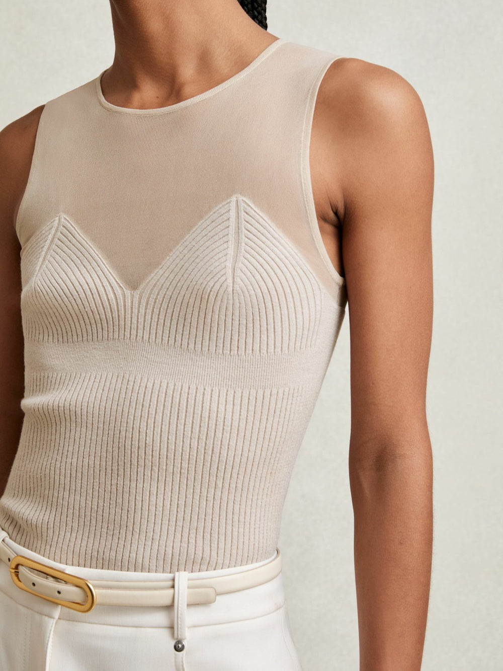 Reiss | Mesh Rib-Knit Sweetheart Vest in Pink Neutral
