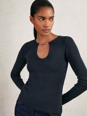 Reiss | Chain-Detail Keyhole Knit Top in Navy