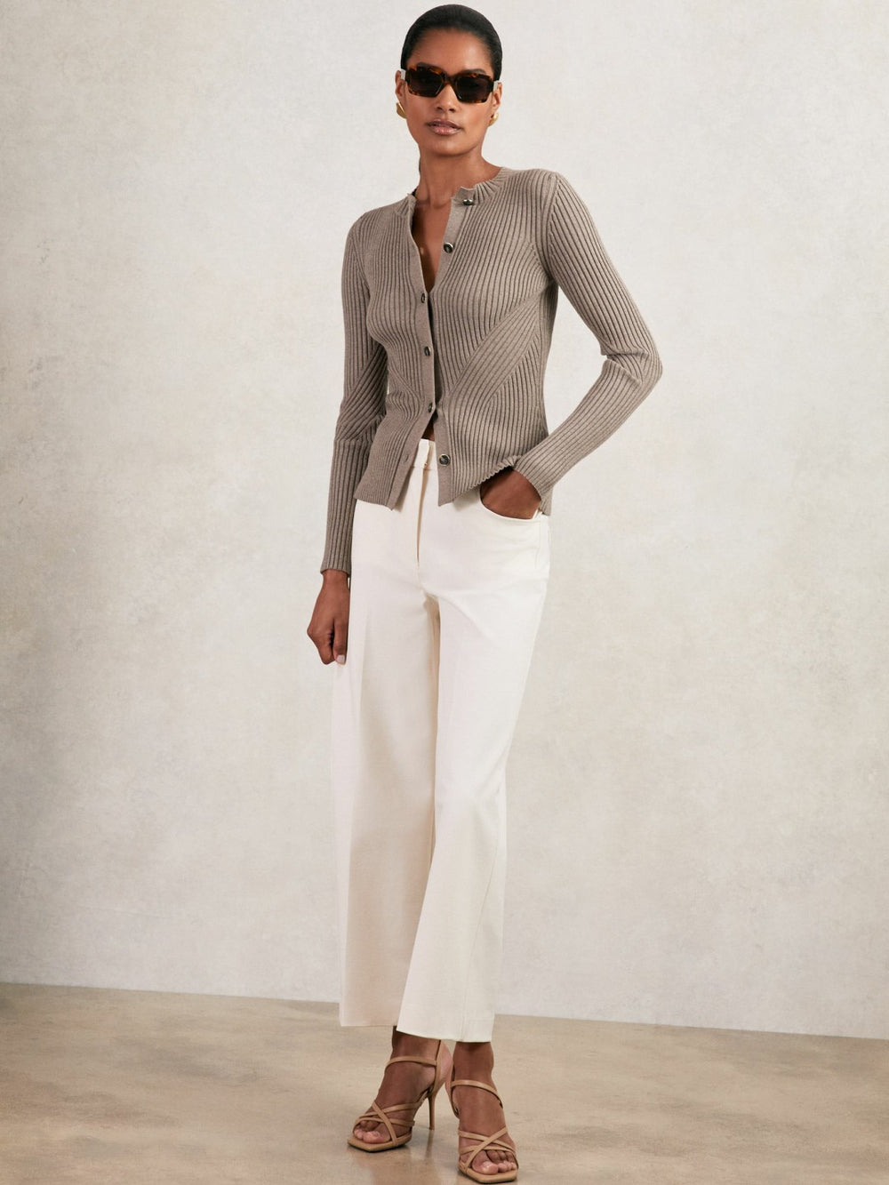 Reiss | Button Front Knit Cardigan in Stone
