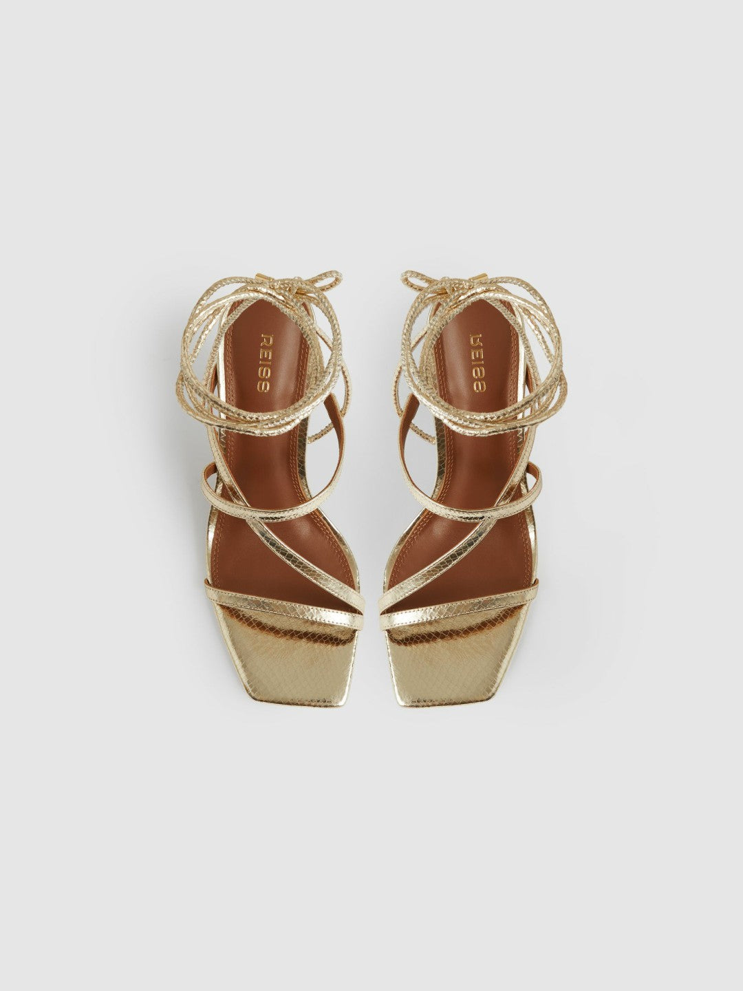 Reiss | Leather Metallic Strappy Heeled Sandals in Gold