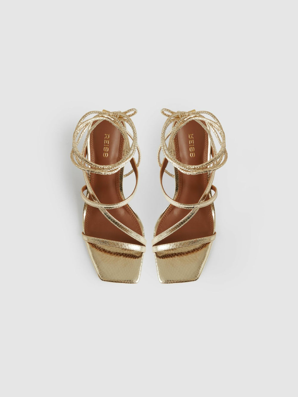 Reiss | Leather Metallic Strappy Heeled Sandals in Gold