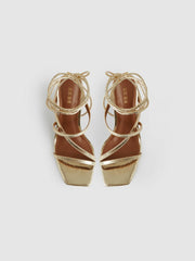 Reiss | Leather Metallic Strappy Heeled Sandals in Gold