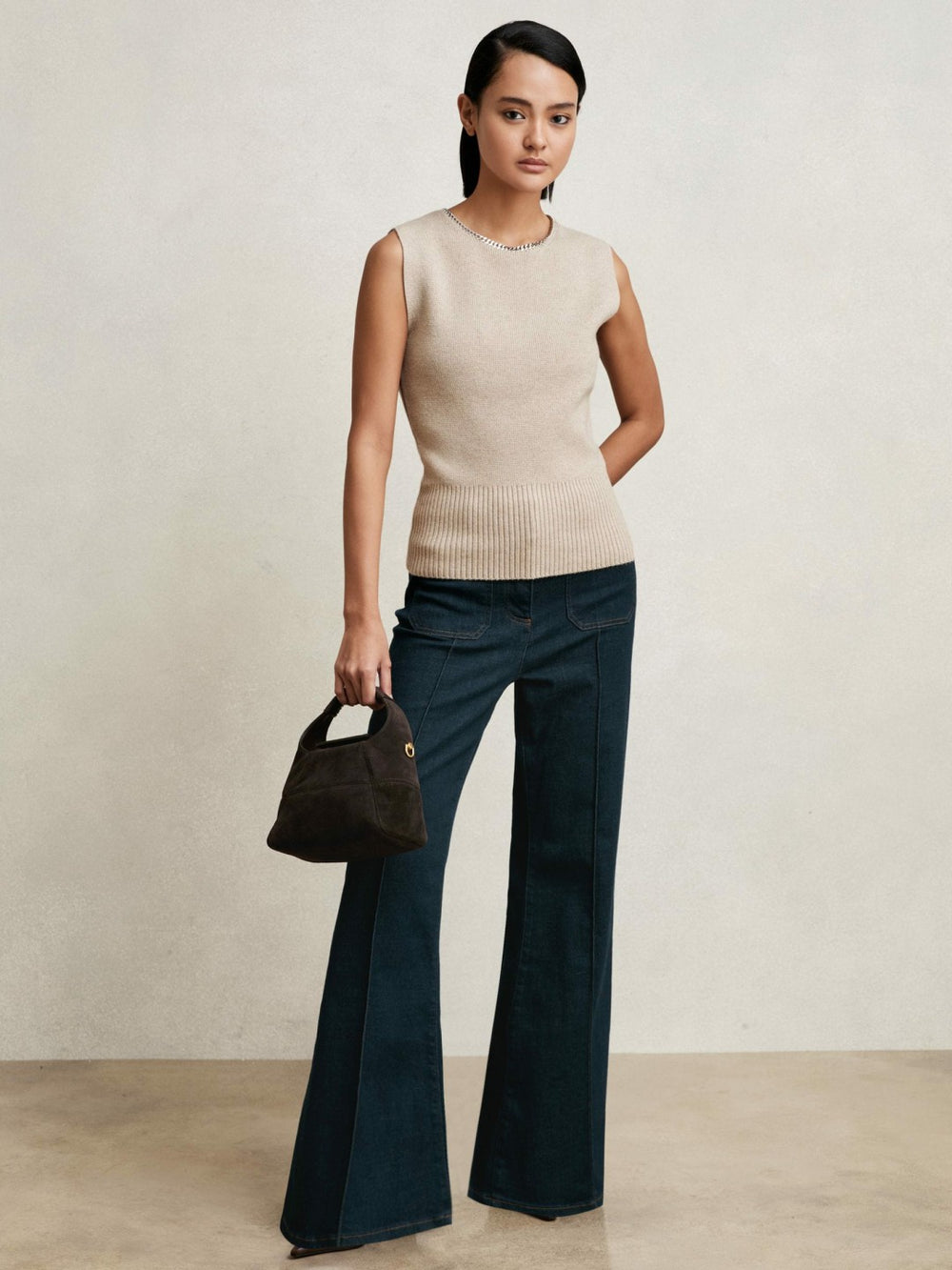 Reiss | Wool-Blend Necklace-Trim Knitted Vest in Neutral