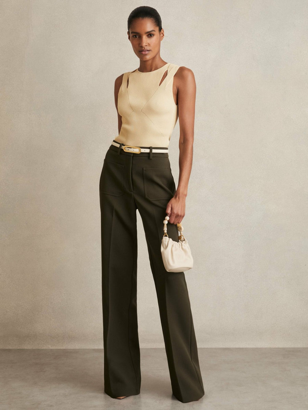 Reiss | Cut-Out Rib-Knit Vest in Cream