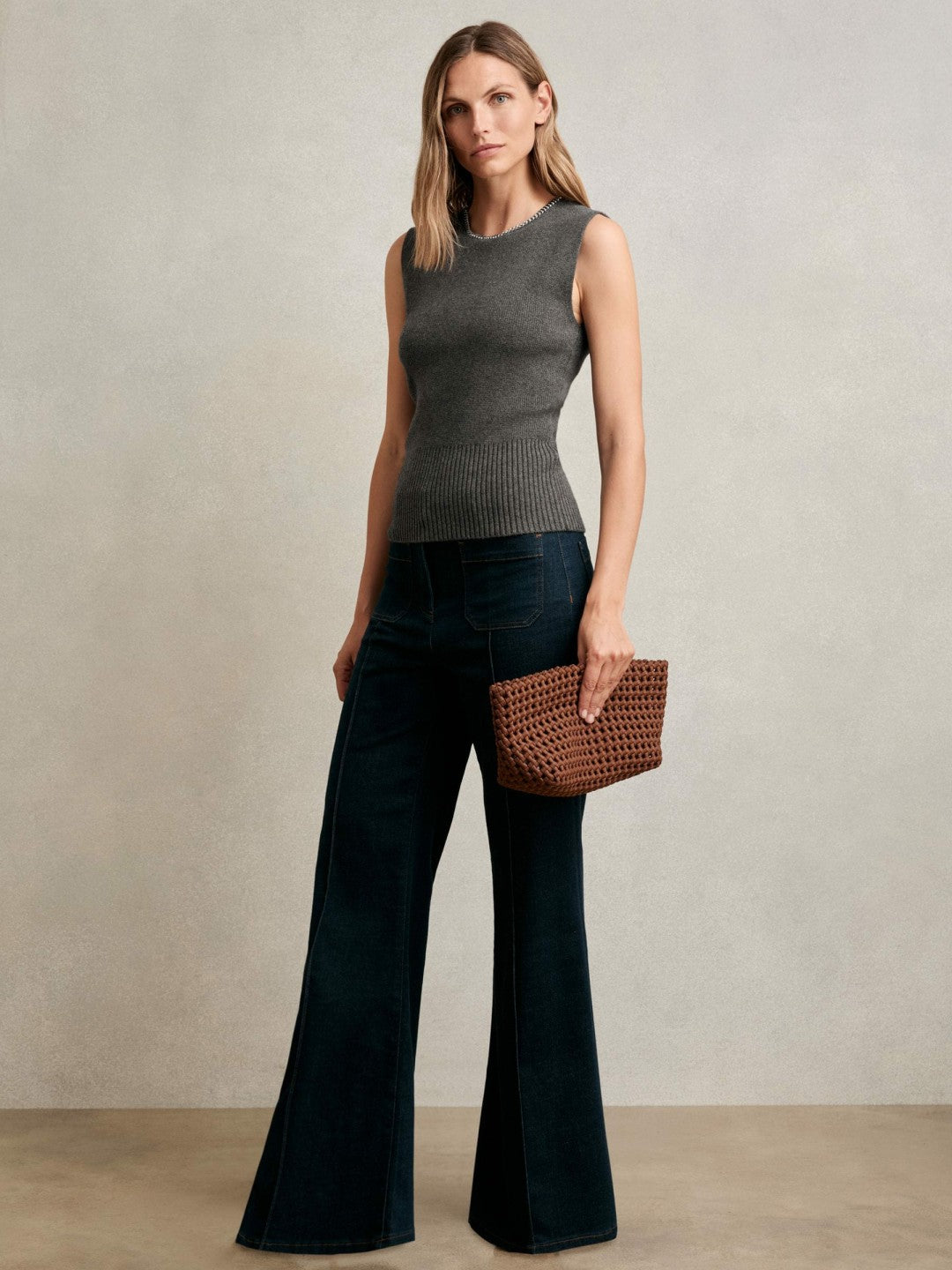 Reiss | Wool-Blend Necklace-Trim Knitted Vest in Charcoal Grey