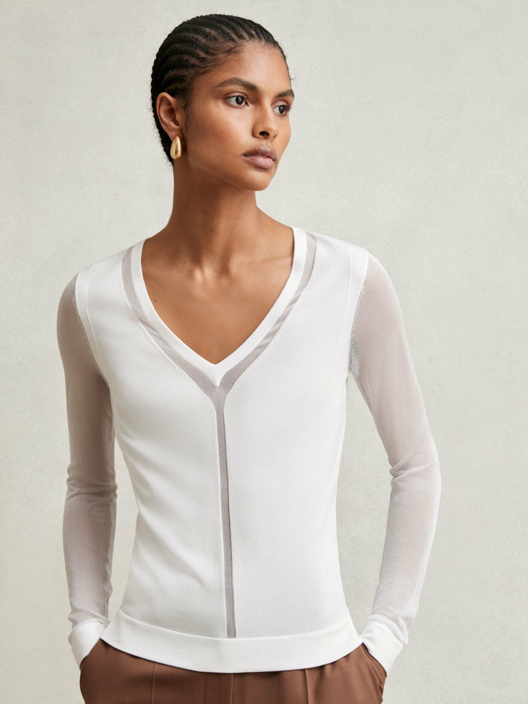 Reiss | Sheer-Detail V-Neck Top in White