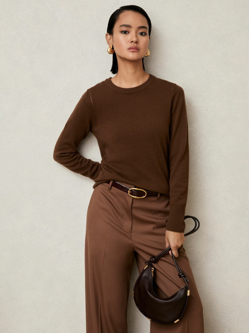 Reiss | Wool-Blend Open-Stitch Jumper with Cashmere in Toffee Brown