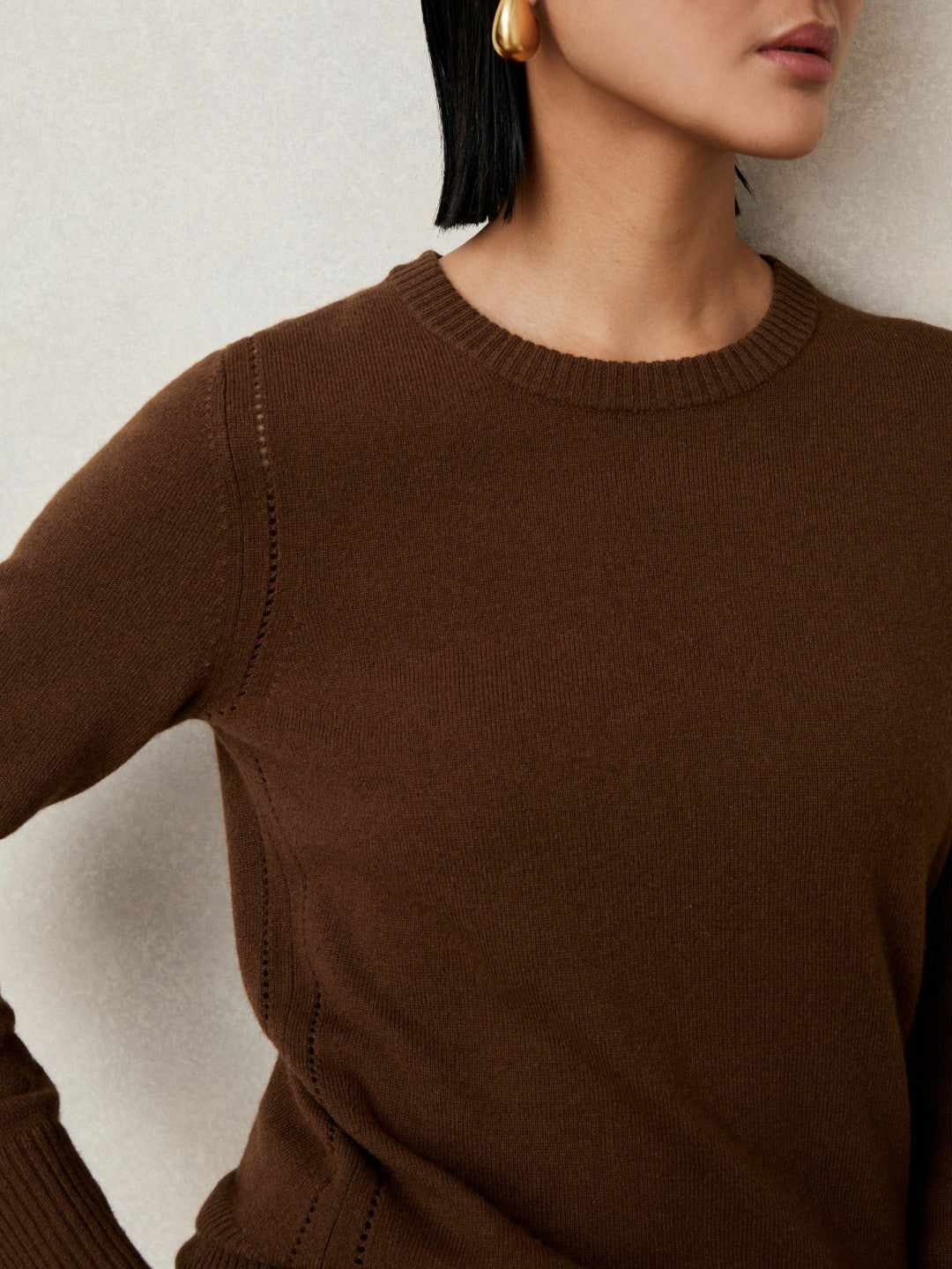 Reiss | Wool-Blend Open-Stitch Jumper with Cashmere in Toffee Brown