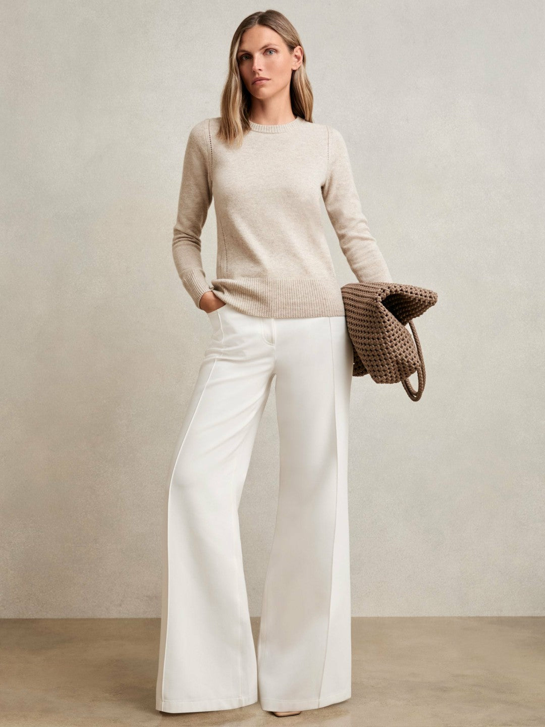 Reiss | Wool-Blend Open-Stitch Jumper with Cashmere in Oatmeal Neutral
