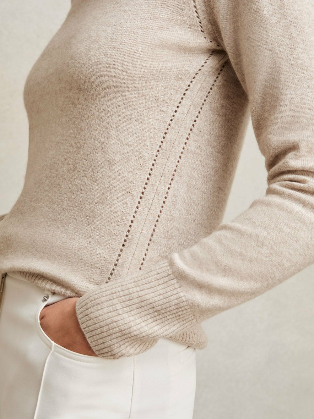 Reiss | Wool-Blend Open-Stitch Jumper with Cashmere in Oatmeal Neutral
