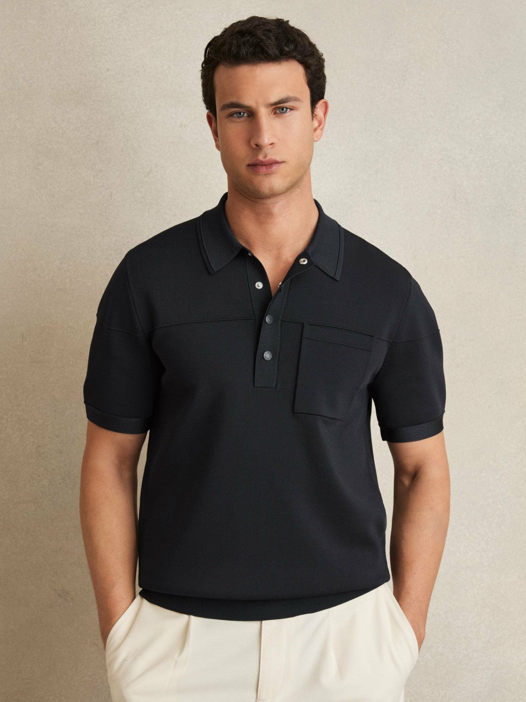 Reiss | Press-Stud Seam-Detail Polo Shirt in Navy