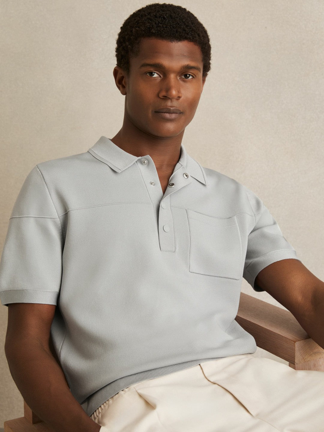 Reiss | Press-Stud Seam-Detail Polo Shirt in Ice Grey