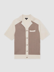 Reiss | Colour-Block Cuban-Collar Knit Shirt in Taupe Brown/Light Stone