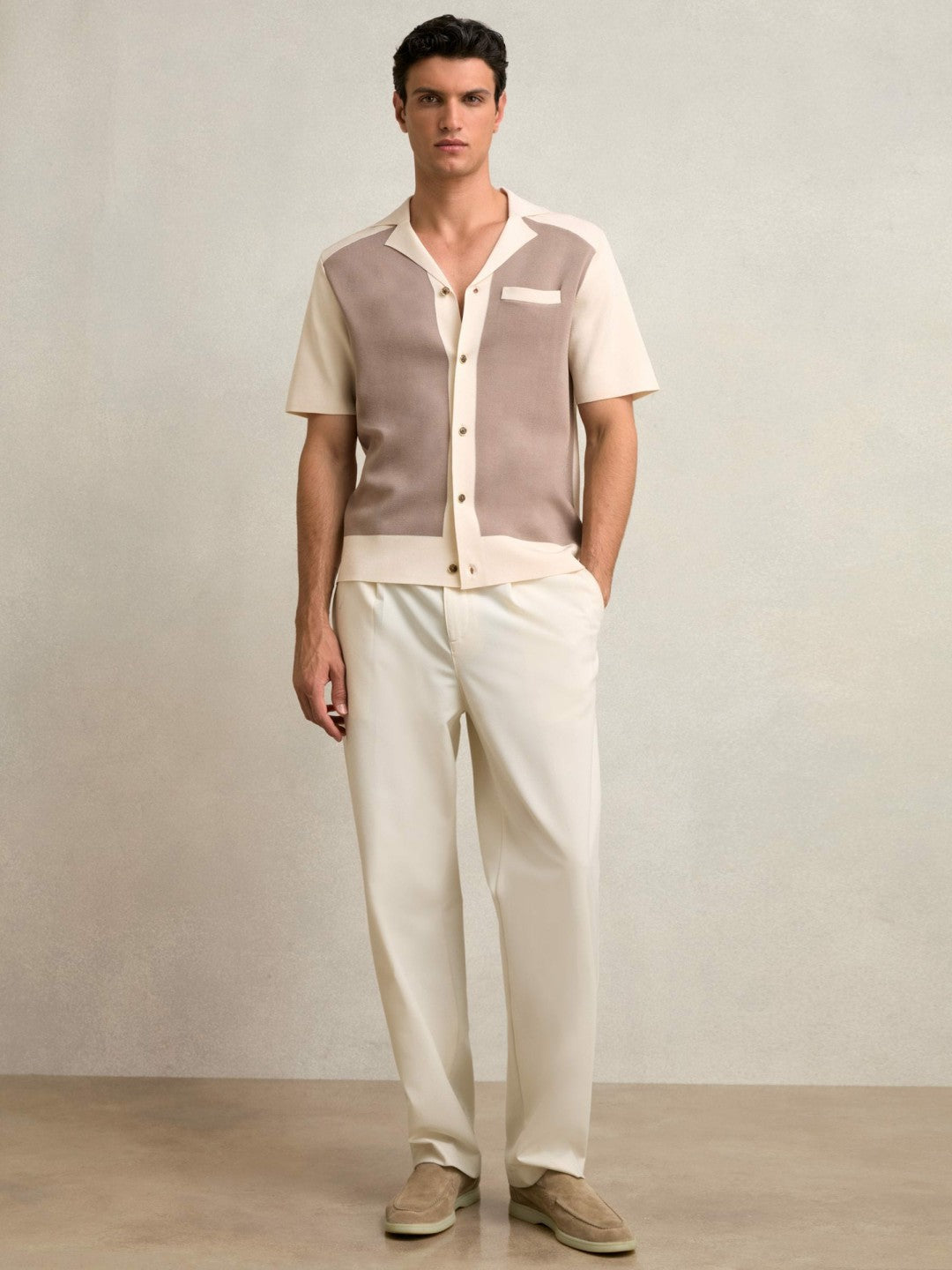 Reiss | Colour-Block Cuban-Collar Knit Shirt in Taupe Brown/Light Stone