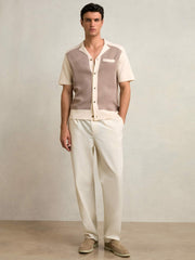 Reiss | Colour-Block Cuban-Collar Knit Shirt in Taupe Brown/Light Stone