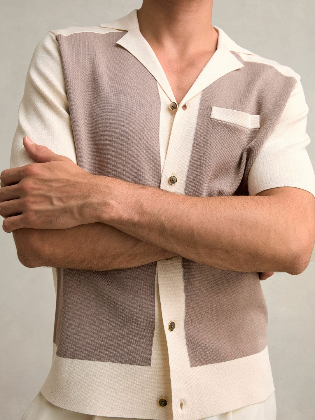 Reiss | Colour-Block Cuban-Collar Knit Shirt in Taupe Brown/Light Stone