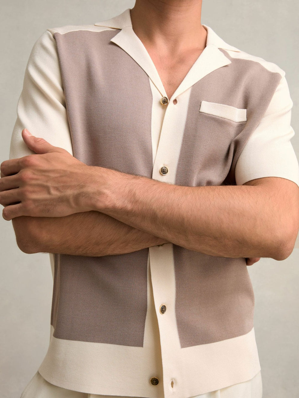 Reiss | Colour-Block Cuban-Collar Knit Shirt in Taupe Brown/Light Stone