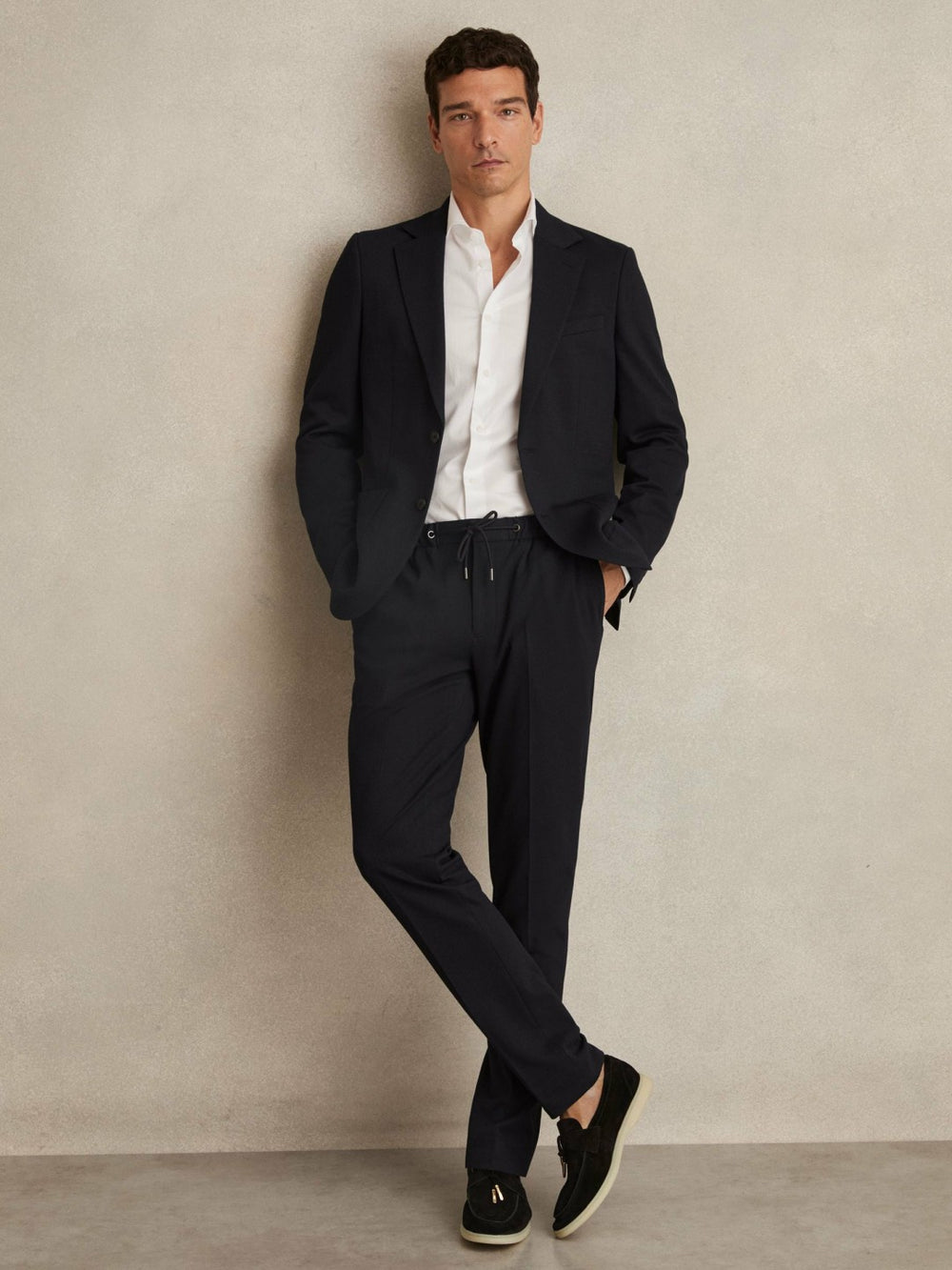 Reiss | Slim Fit Jersey Drawstring Suit Trousers in Navy