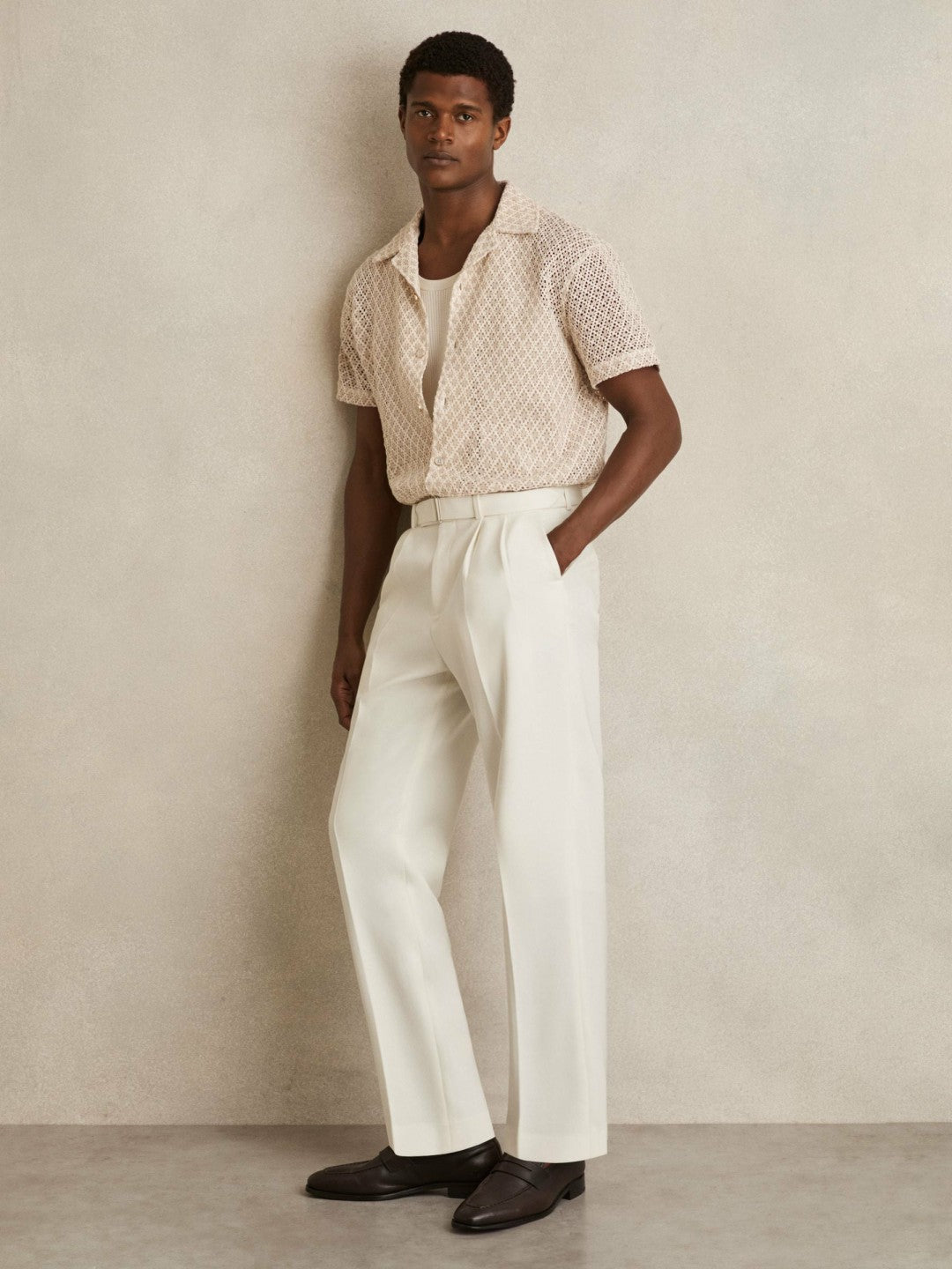 Reiss | Wool-Blend Belted Pleated Trousers Regular-Fit in White