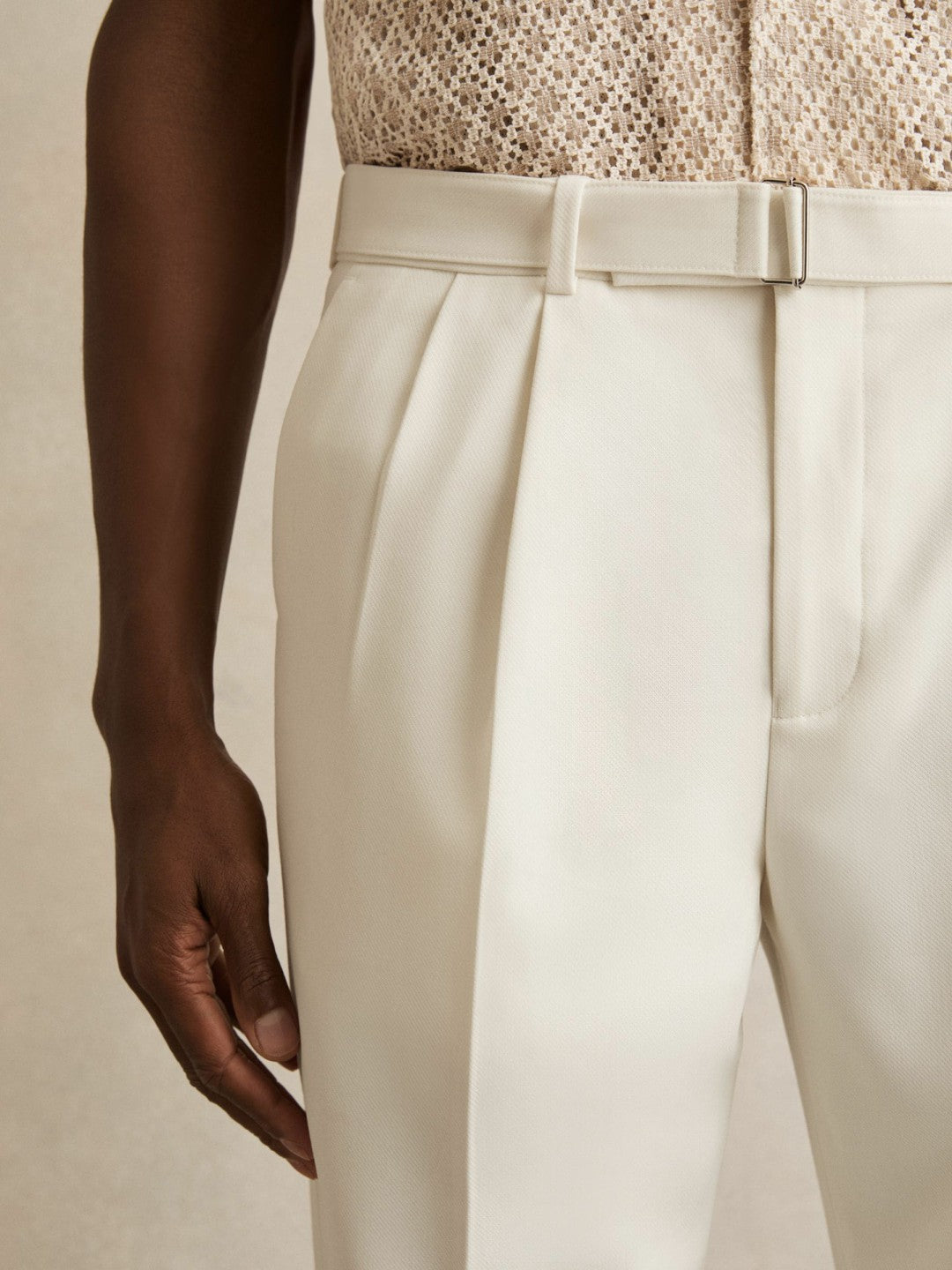 Reiss | Wool-Blend Belted Pleated Trousers Regular-Fit in White