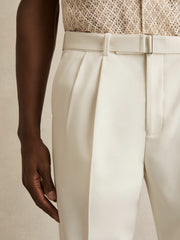 Reiss | Wool-Blend Belted Pleated Trousers Regular-Fit in White