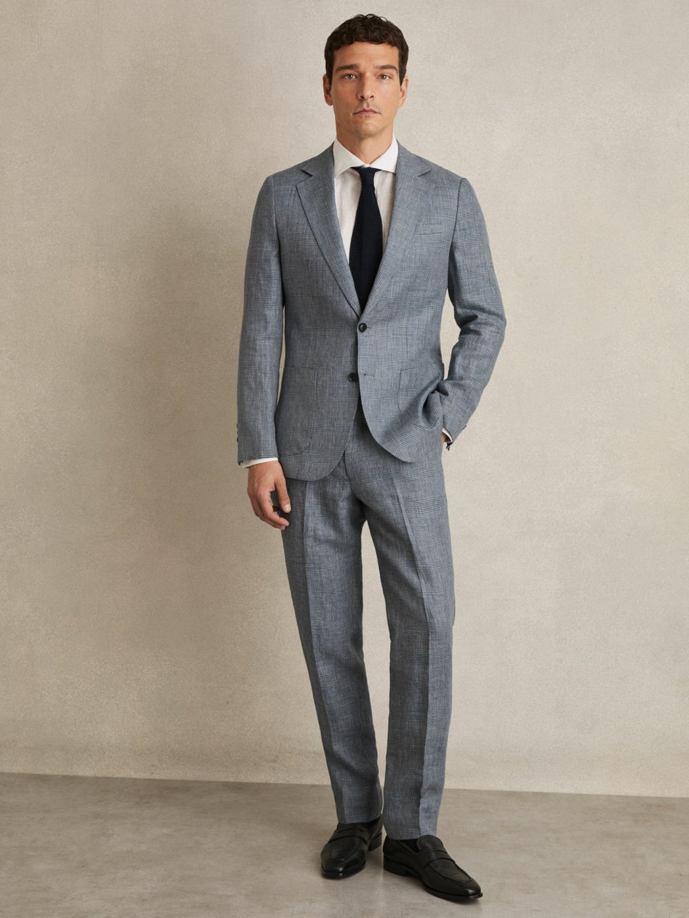 Reiss | Slim Fit Linen Check Suit Trousers in Soft Blue