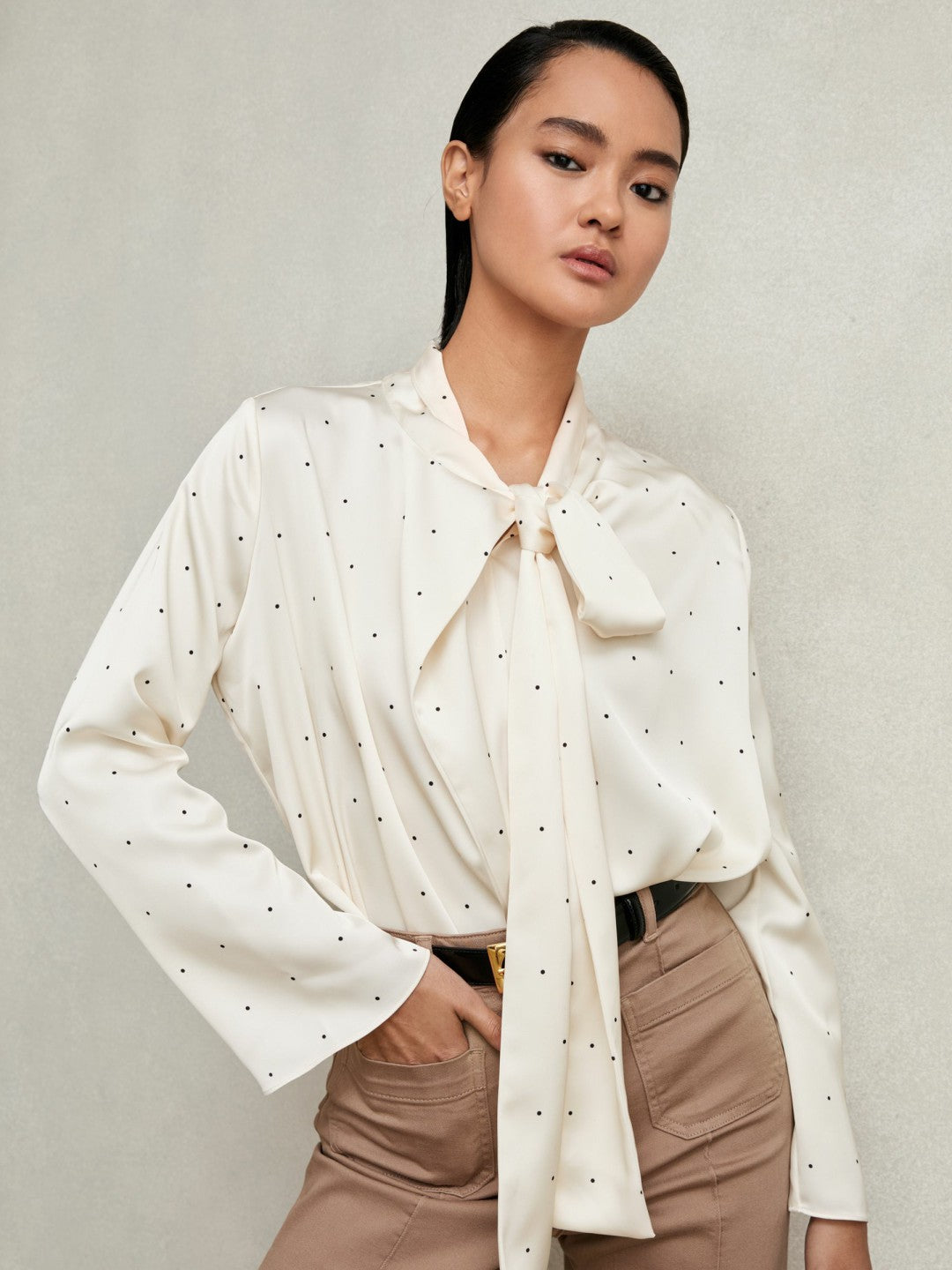 Reiss | Satin Polka Dot Tie Neck Blouse in Ivory
