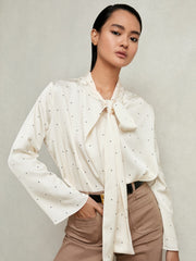 Reiss | Satin Polka Dot Tie Neck Blouse in Ivory