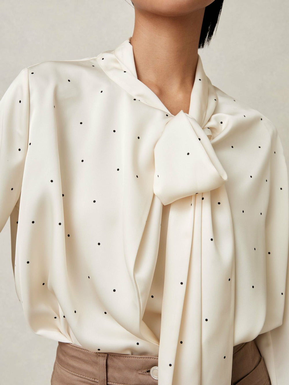 Reiss | Satin Polka Dot Tie Neck Blouse in Ivory