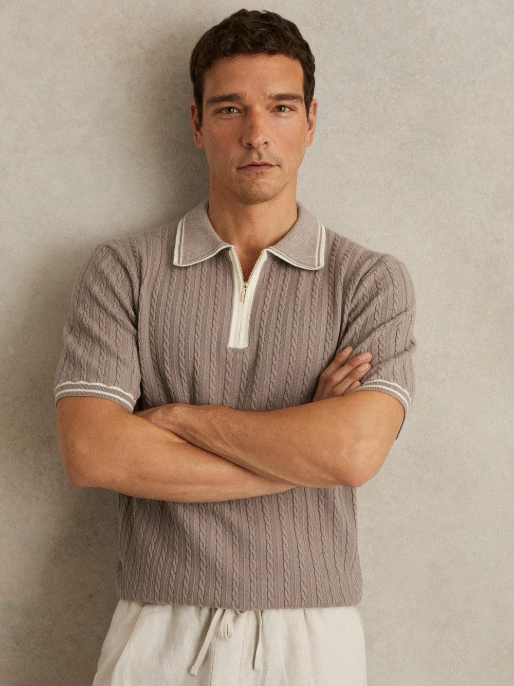 Reiss | Micro-Cable Half-Zip Polo Shirt in Light Taupe Brown