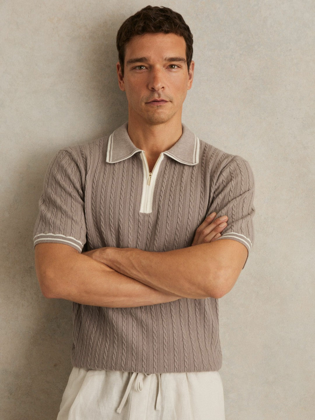 Reiss | Micro-Cable Half-Zip Polo Shirt in Light Taupe Brown