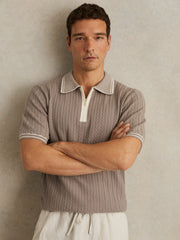 Reiss | Micro-Cable Half-Zip Polo Shirt in Light Taupe Brown