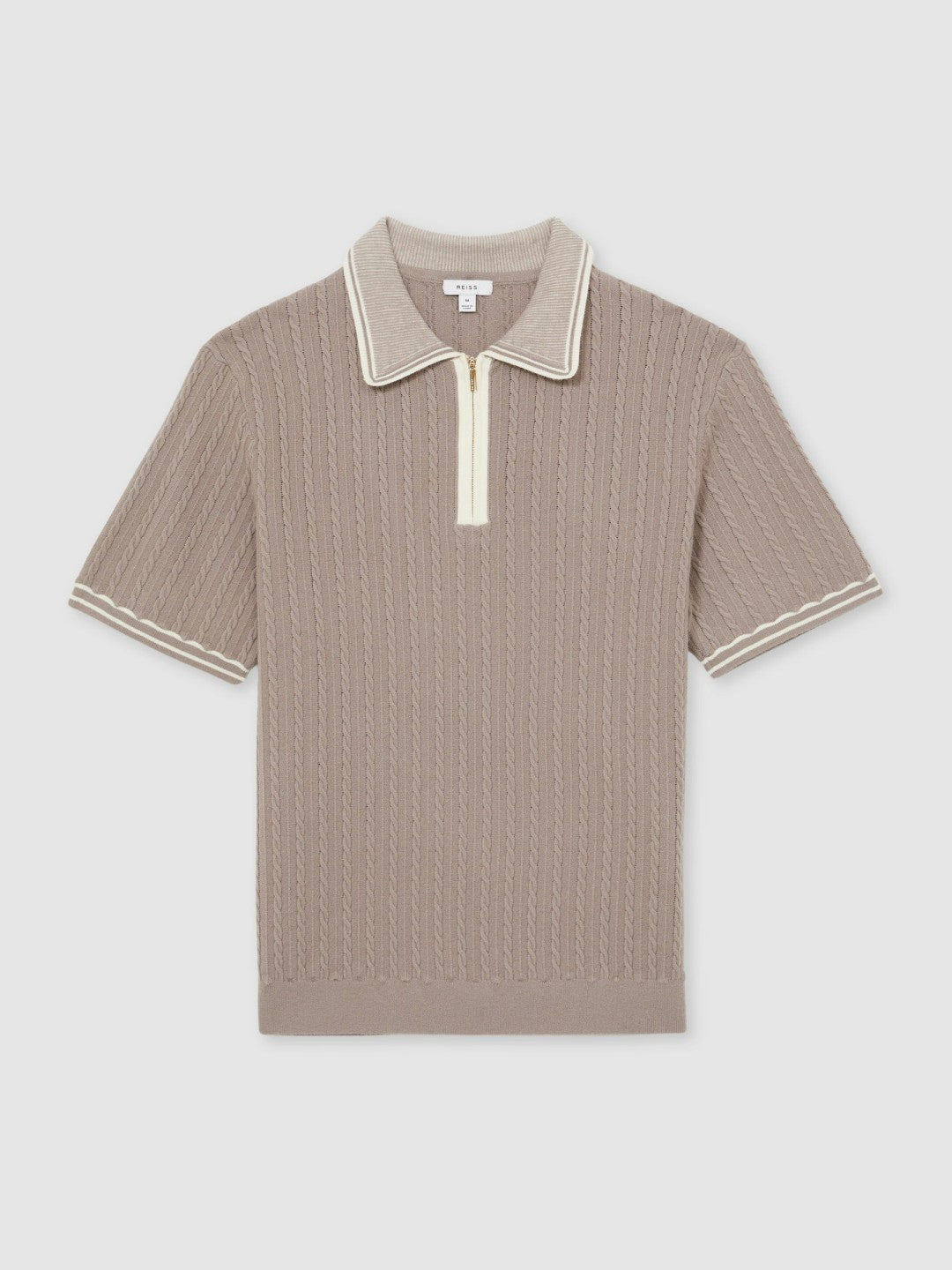 Reiss | Micro-Cable Half-Zip Polo Shirt in Light Taupe Brown
