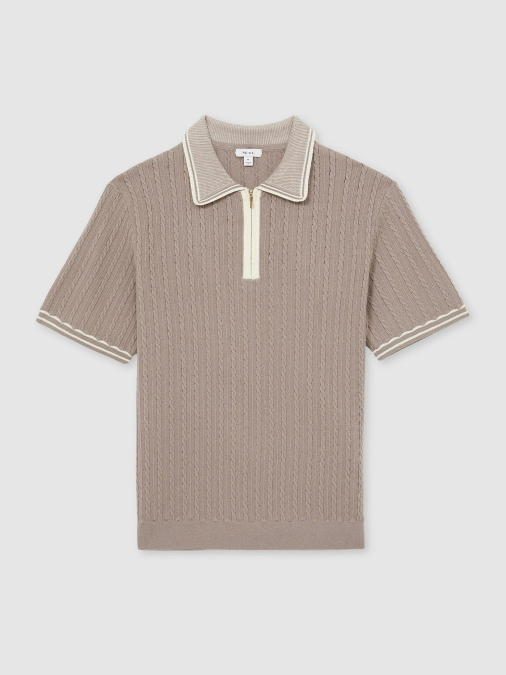 Reiss | Micro-Cable Half-Zip Polo Shirt in Light Taupe Brown