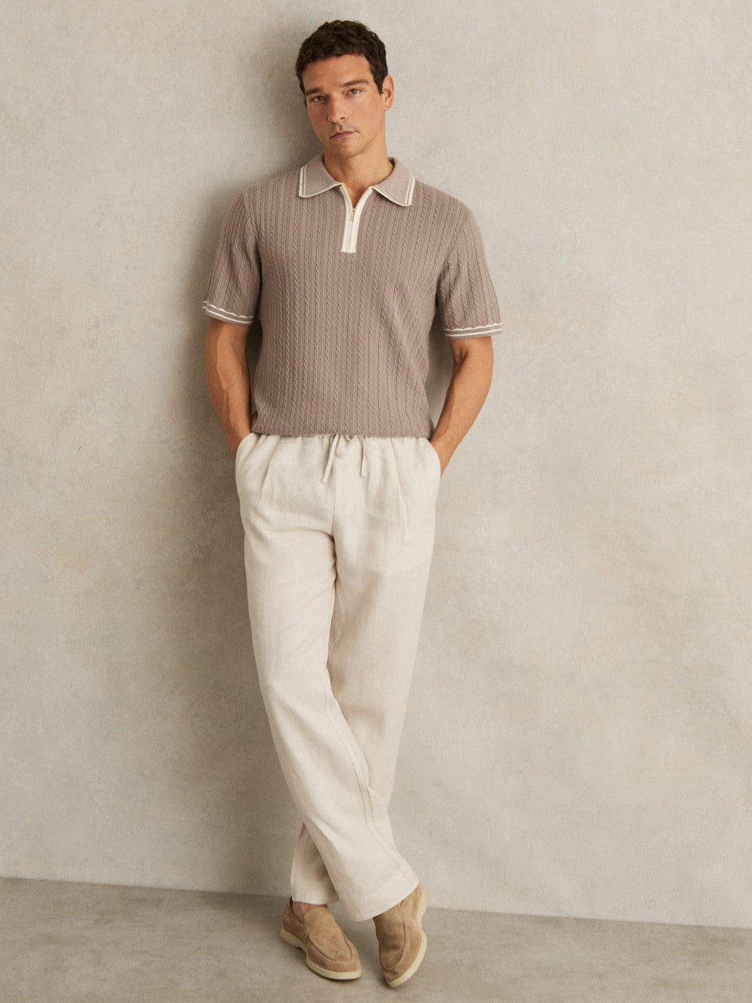 Reiss | Micro-Cable Half-Zip Polo Shirt in Light Taupe Brown