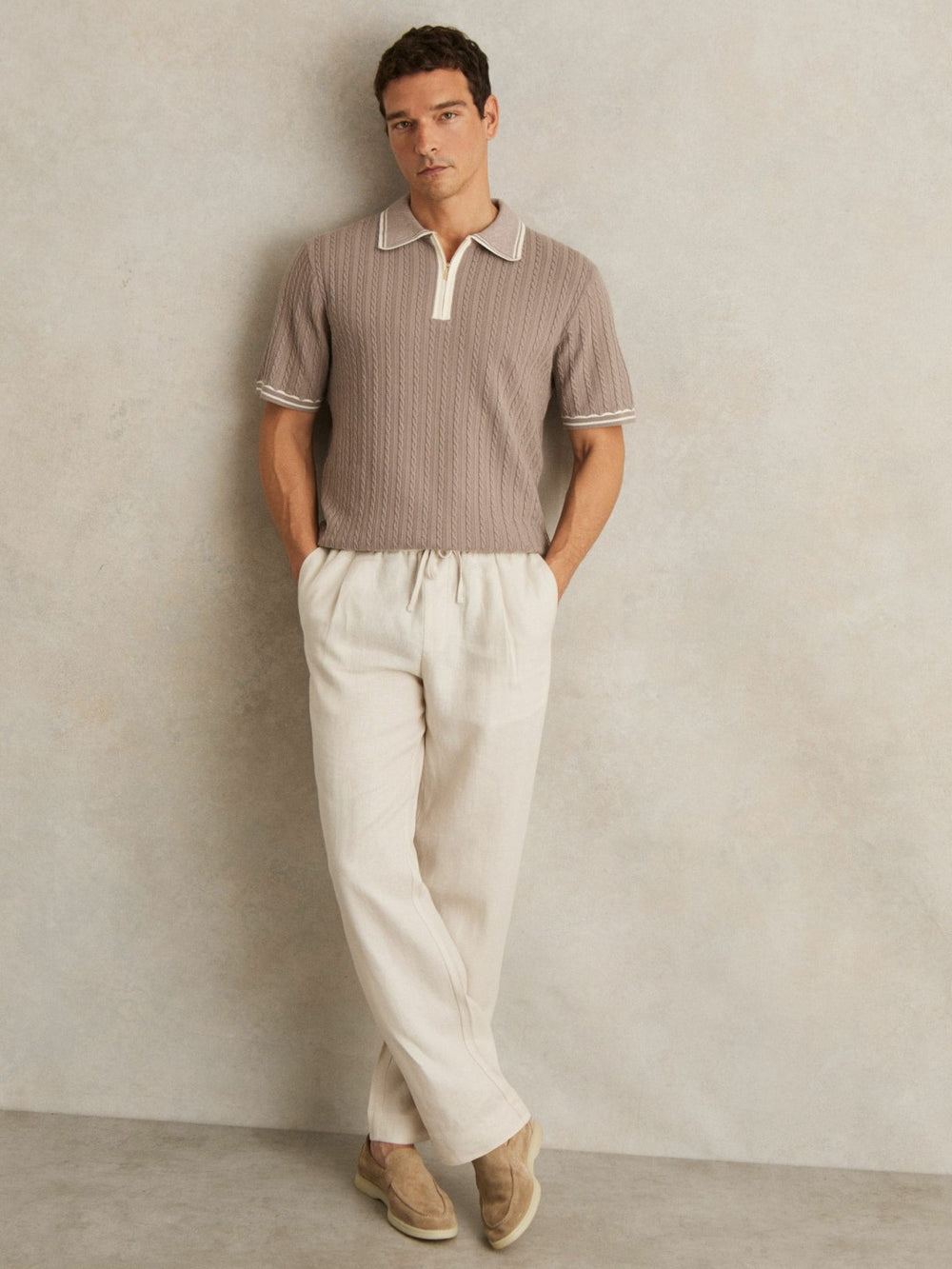 Reiss | Micro-Cable Half-Zip Polo Shirt in Light Taupe Brown