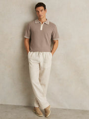 Reiss | Micro-Cable Half-Zip Polo Shirt in Light Taupe Brown