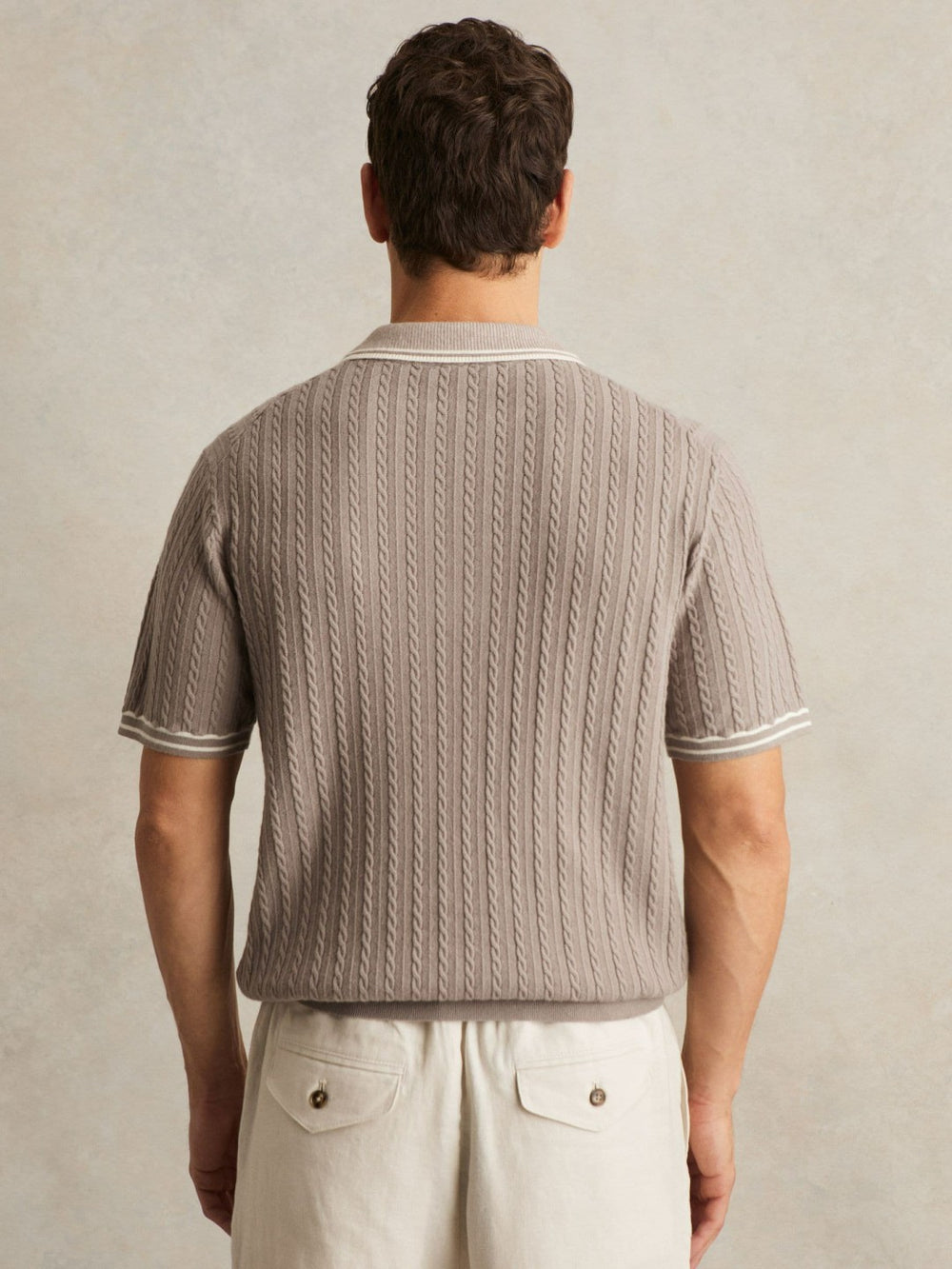 Reiss | Micro-Cable Half-Zip Polo Shirt in Light Taupe Brown