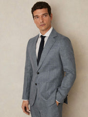 Reiss | Slim Fit Single Breasted Linen Check Suit Blazer in Soft Blue