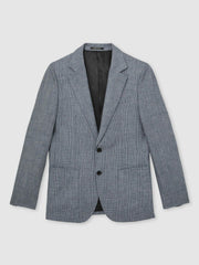 Reiss | Slim Fit Single Breasted Linen Check Suit Blazer in Soft Blue