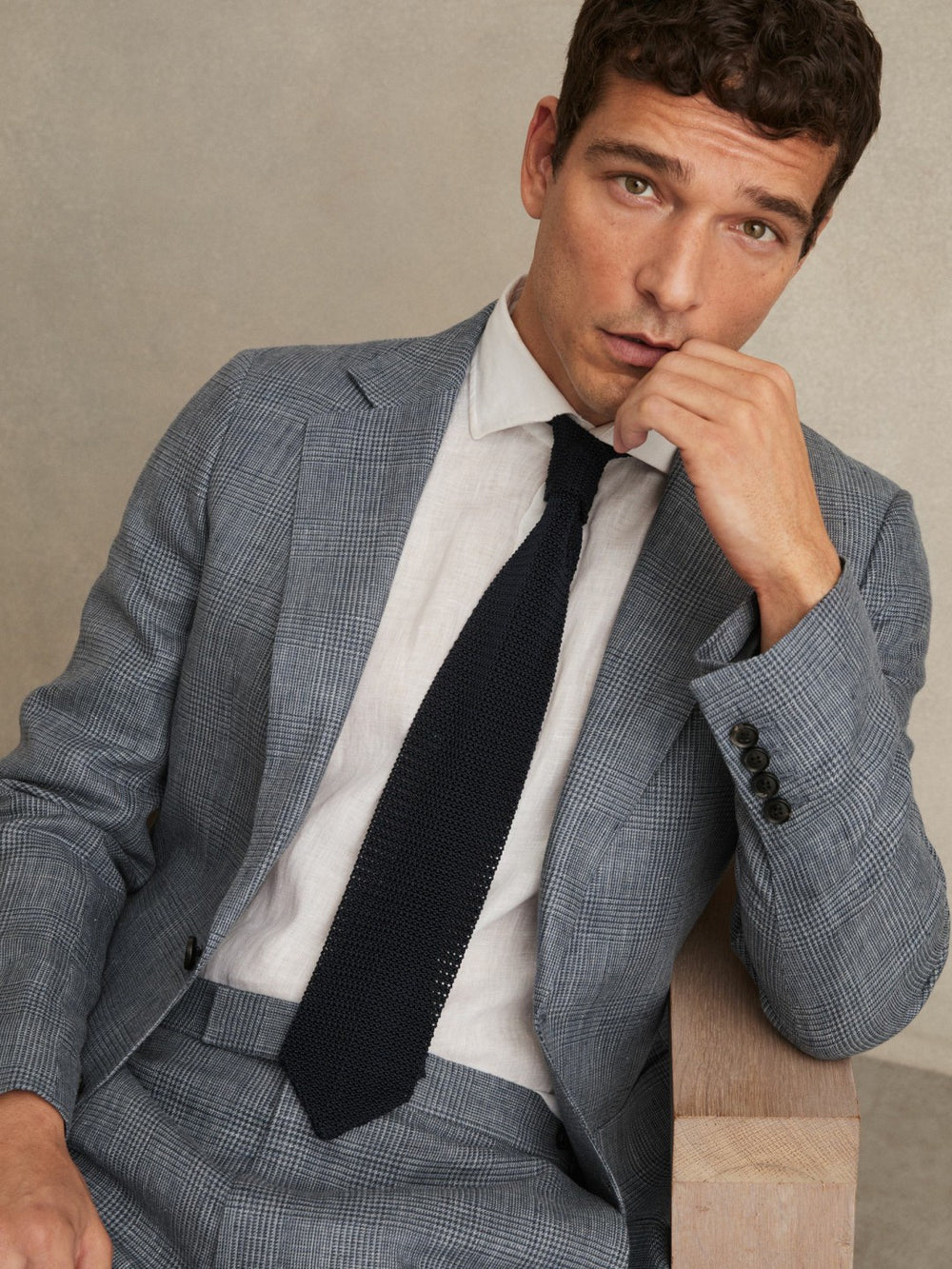 Reiss | Slim Fit Single Breasted Linen Check Suit Blazer in Soft Blue