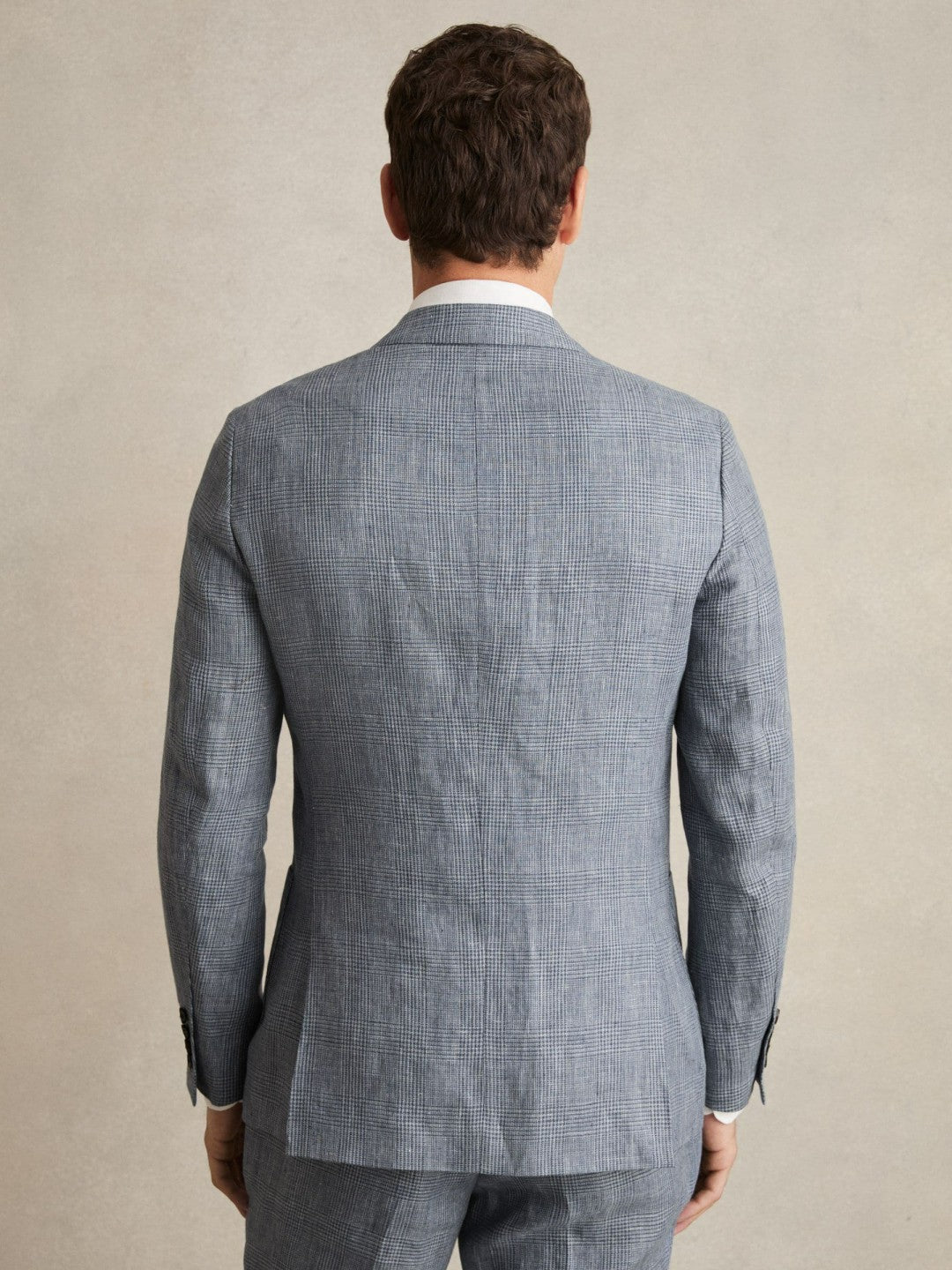 Reiss | Slim Fit Single Breasted Linen Check Suit Blazer in Soft Blue