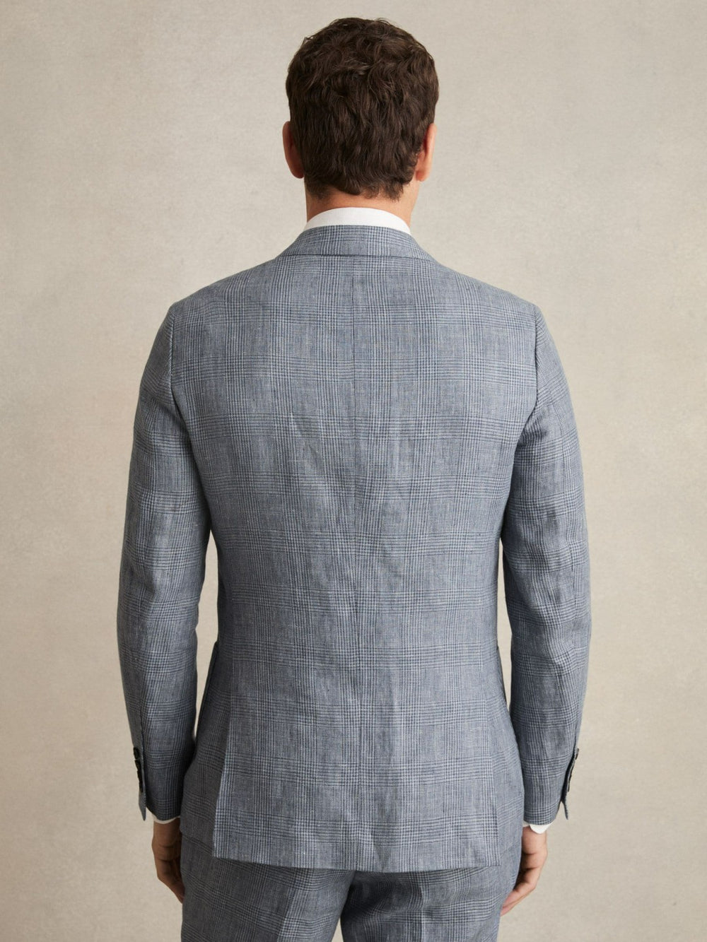 Reiss | Slim Fit Single Breasted Linen Check Suit Blazer in Soft Blue