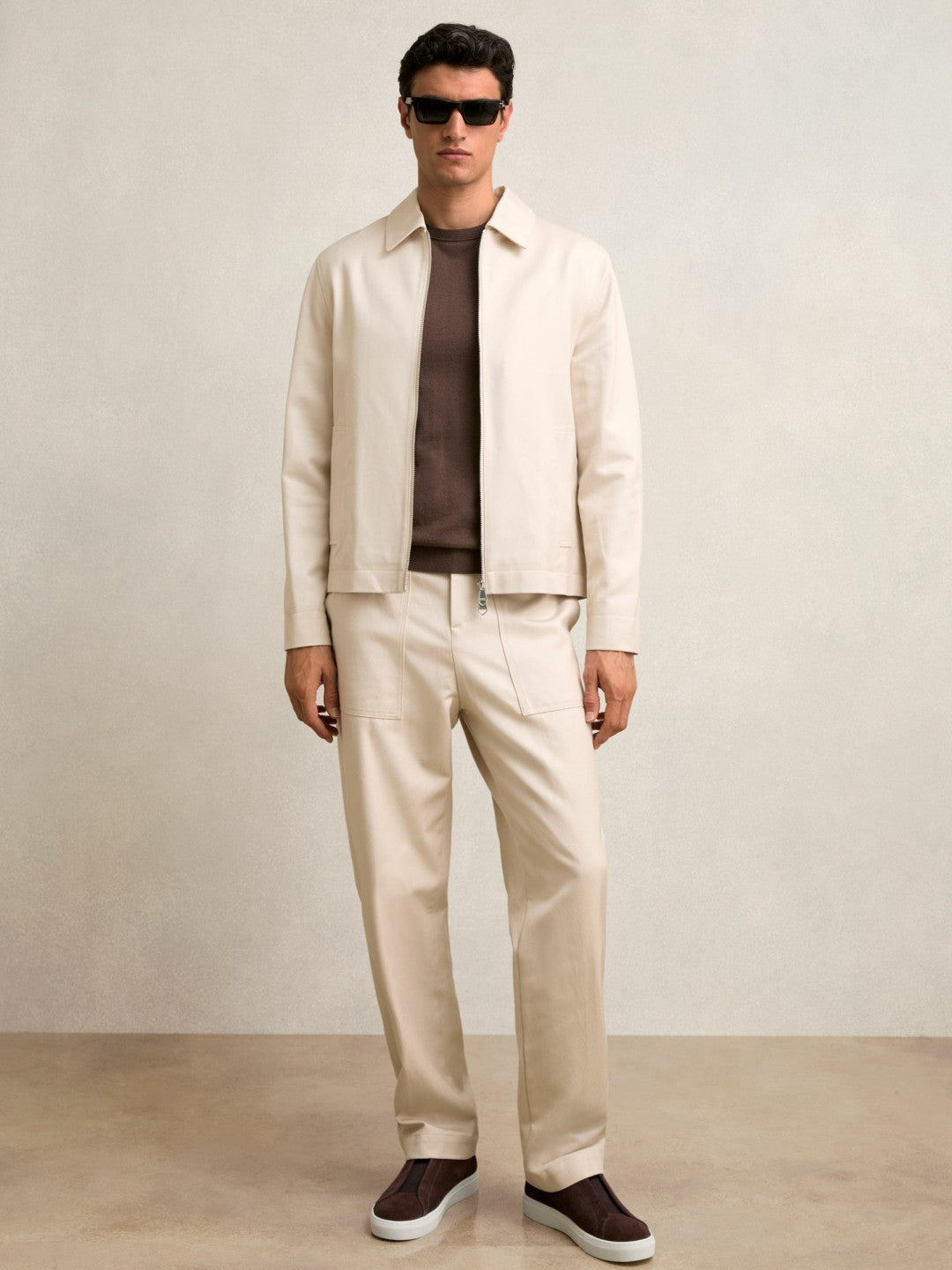 Reiss | Lyocell-Cotton Zip-Through Twill Jacket in Ecru
